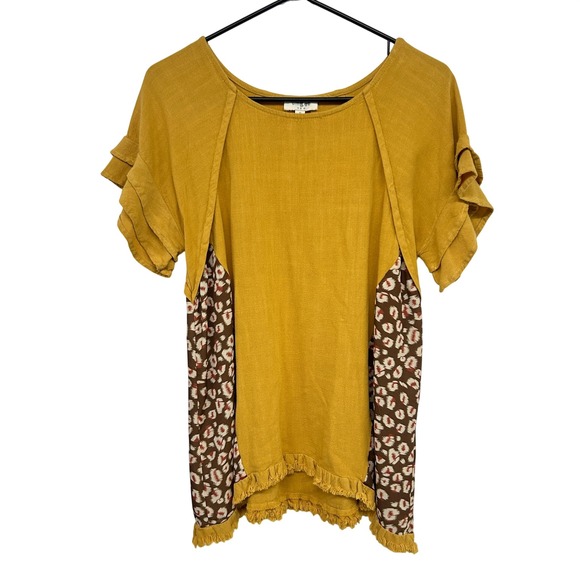 Umgee Tops - Boho Linen Blend Fringe Tunic Top Small Mustard Earthy Artsy Lagenlook Indie‎